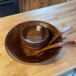 Vintage vermilion MCM real Walnut salad bowl set